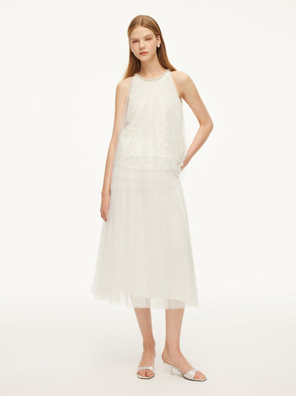 Lace Embroidered Sequins Halter Top And Mesh Skirt Two-Piece Set