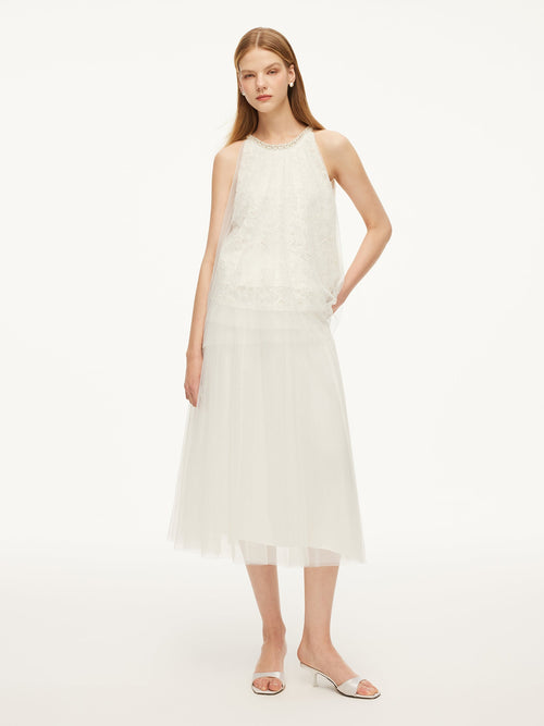 Lace Embroidered Sequins Halter Top And Mesh Skirt Two-Piece Set