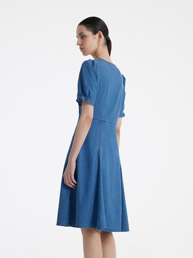 Denim V-Neck Gathered Waist Women Midi Dress