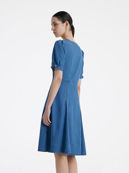 Denim V-Neck Gathered Waist Women Midi Dress