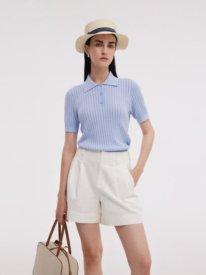 Tencel Blend Openwork Women Knit Polo Top