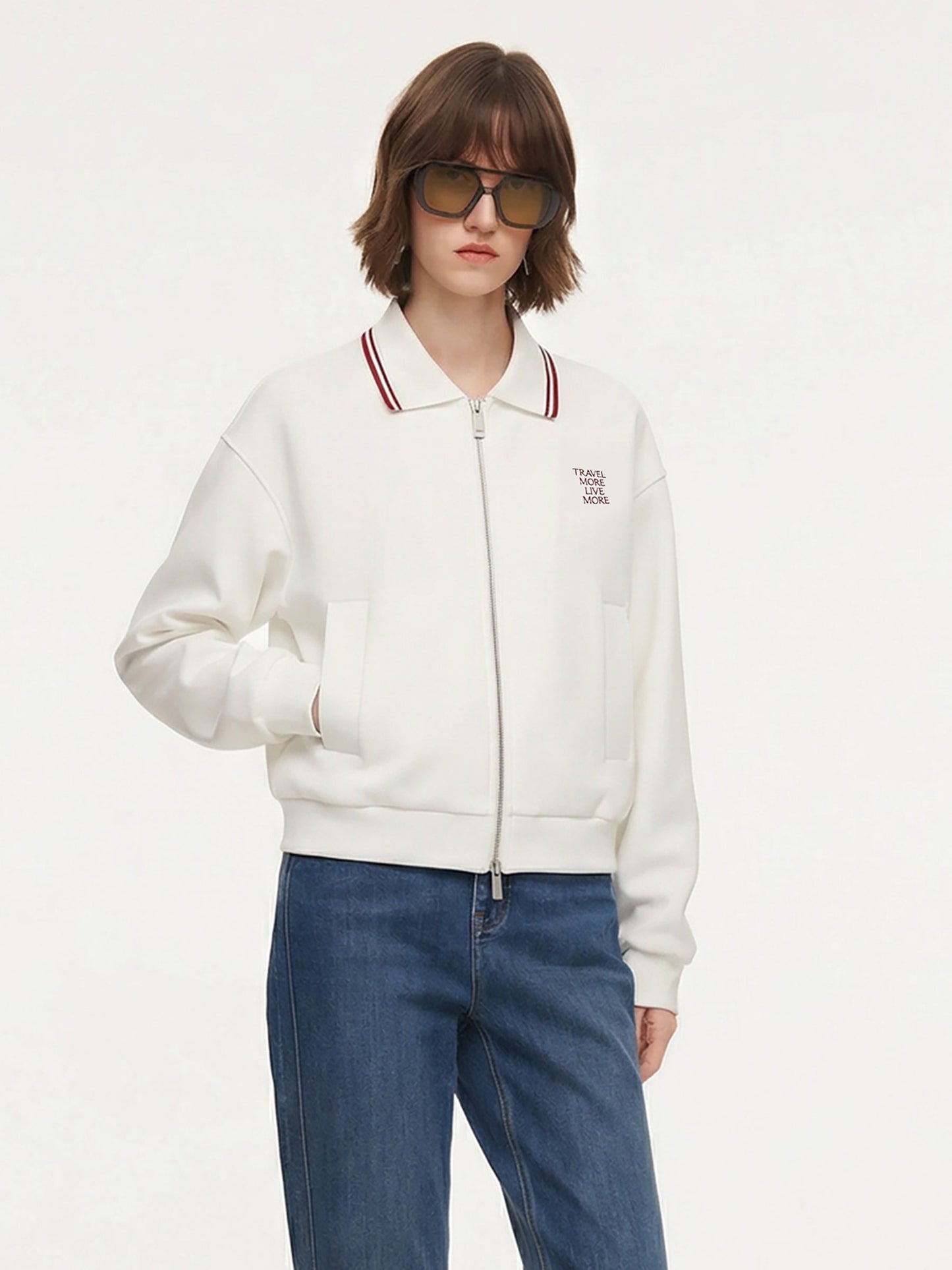 Letter Embroidered Zip-Up Women Jacket