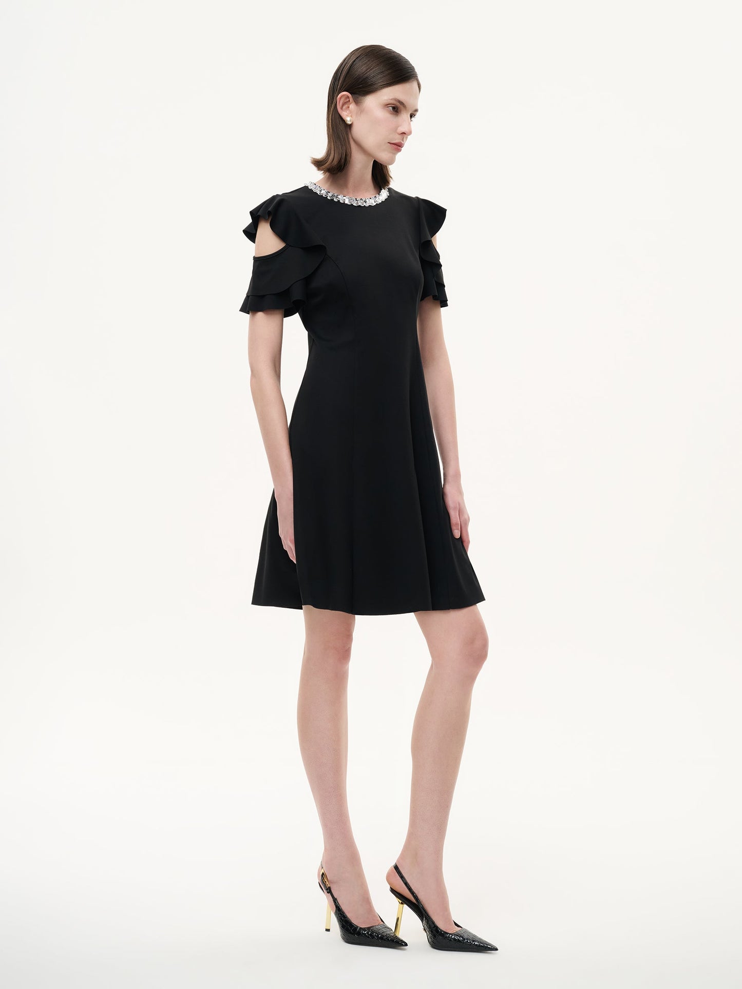 Ruffle Cold Shoulder Women Knit Mini Dress