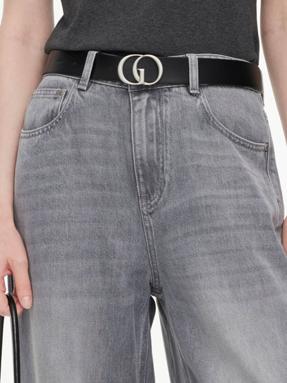Lyocell Cotton Blend Denim Women Straight Wide Leg Jeans With Leather Belt