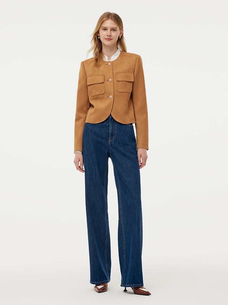 Faux Suede Jacket And Jeans Two-Piece Set