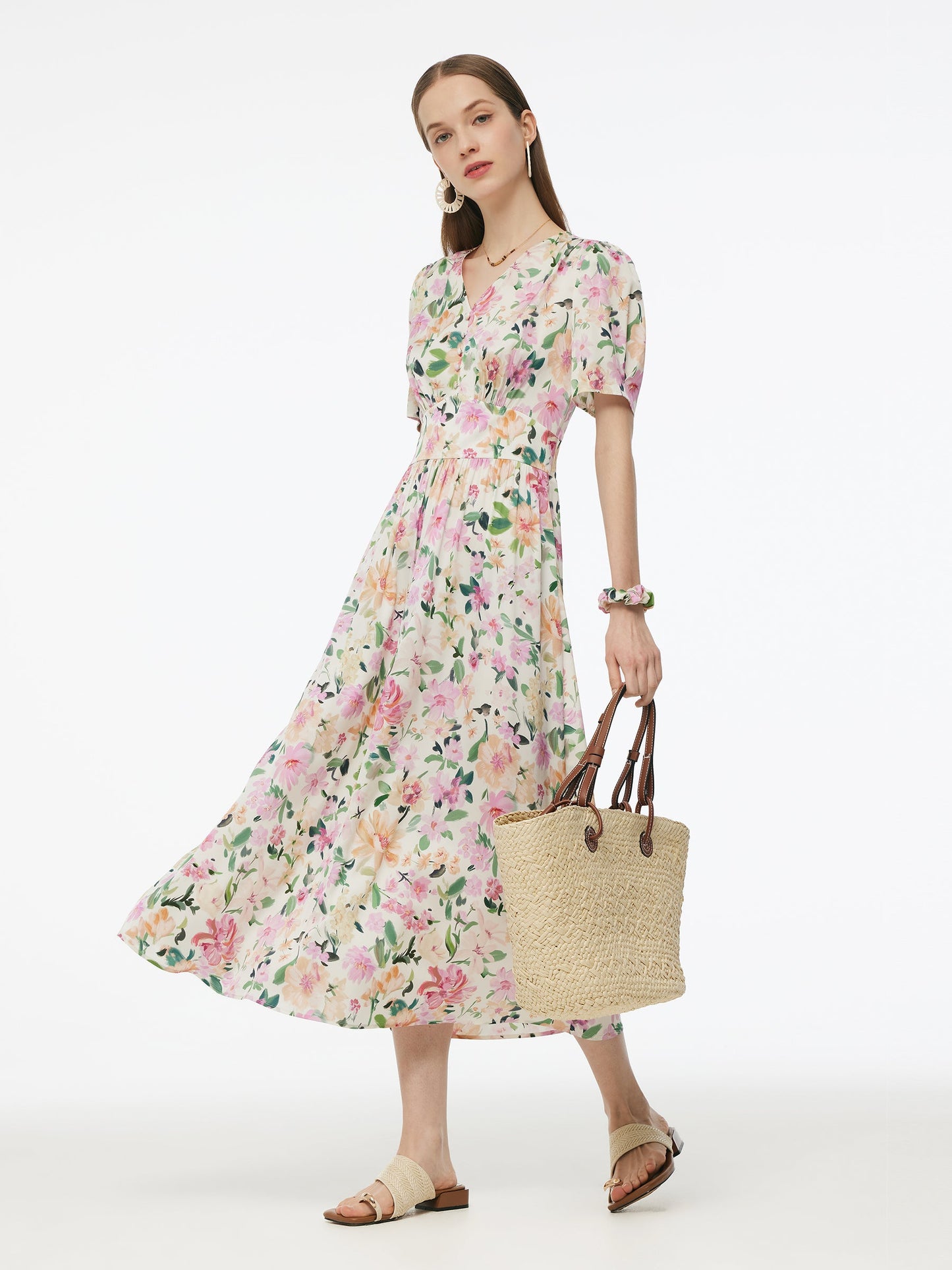 19MM Mulberry Silk Floral Print V-Neck Women Maxi Dress