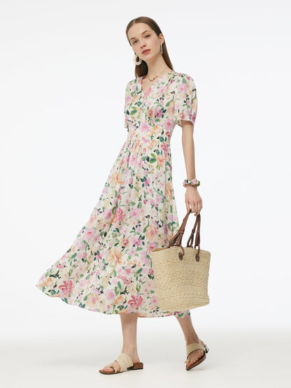 19MM Mulberry Silk Floral Print V-Neck Women Maxi Dress