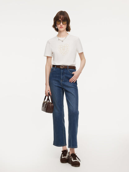 Cotton Blend Round Neck Tape Embroidered Women T-Shirt