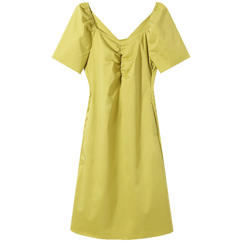 Puff Sleeve Gathered Pleated Midi Dress