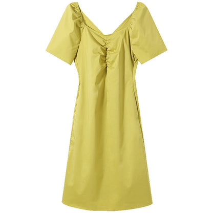 Puff Sleeve Gathered Pleated Midi Dress