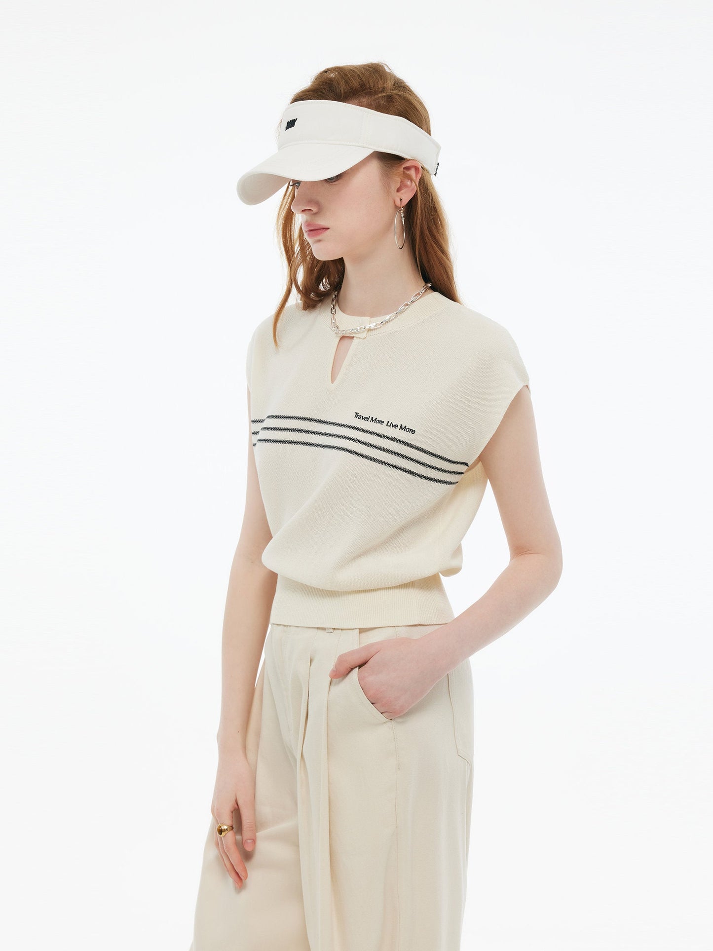 Tencel Blend Stripe Letter Print Women Cap Sleeve Knit Top