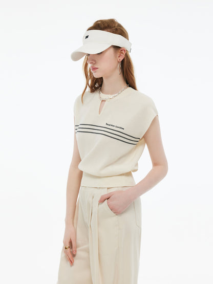 Tencel Blend Stripe Letter Print Women Cap Sleeve Knit Top