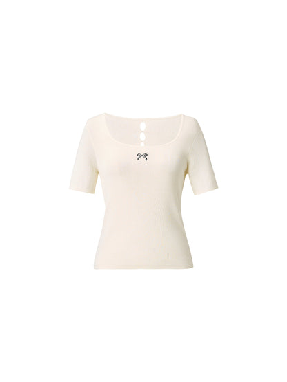 Lyocell Blend Bowknot Embroidered Women Square Neck Knit Top