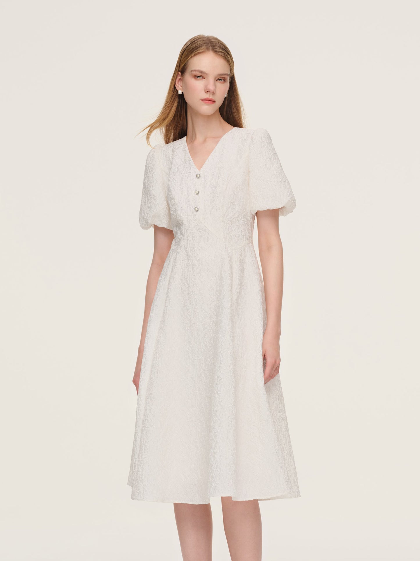 Jacquard Puff Sleeve Women Midi Dress
