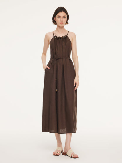 100% Linen Beaded Neck Women Strap Maxi Dress With Tie String Belt