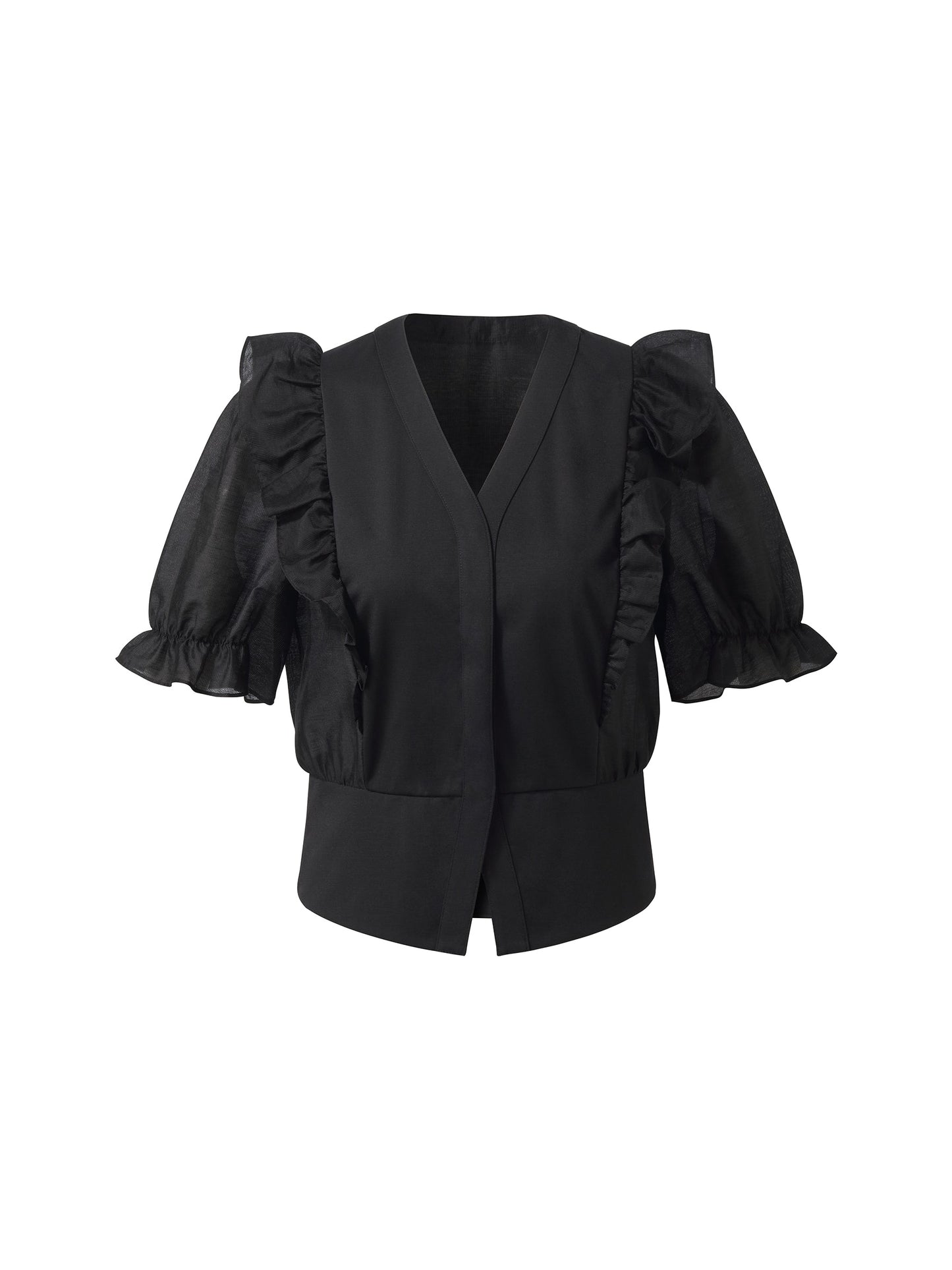 Tencel Blend Puff Sleeve Women Ruffe Patchwork Top