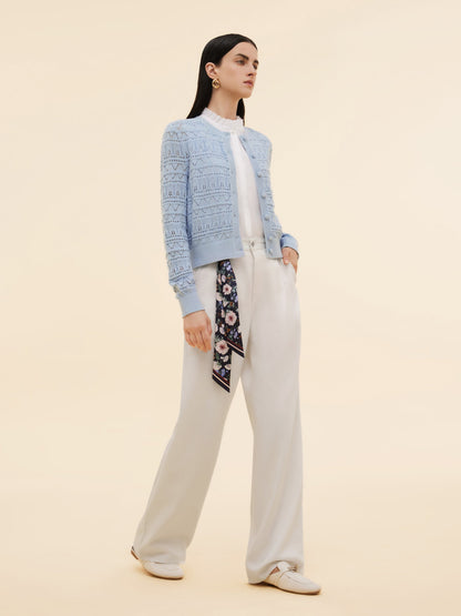 Cotton Openwork Women Round Neck Cardigan