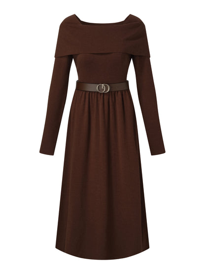 Tencel Wool Blend Boat Neck Women Knit Maxi Dress With Leather Belt