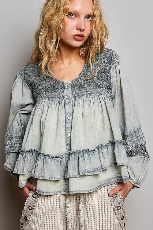 POL Washed Layered Lace Pintuck Flared Woven Blouse