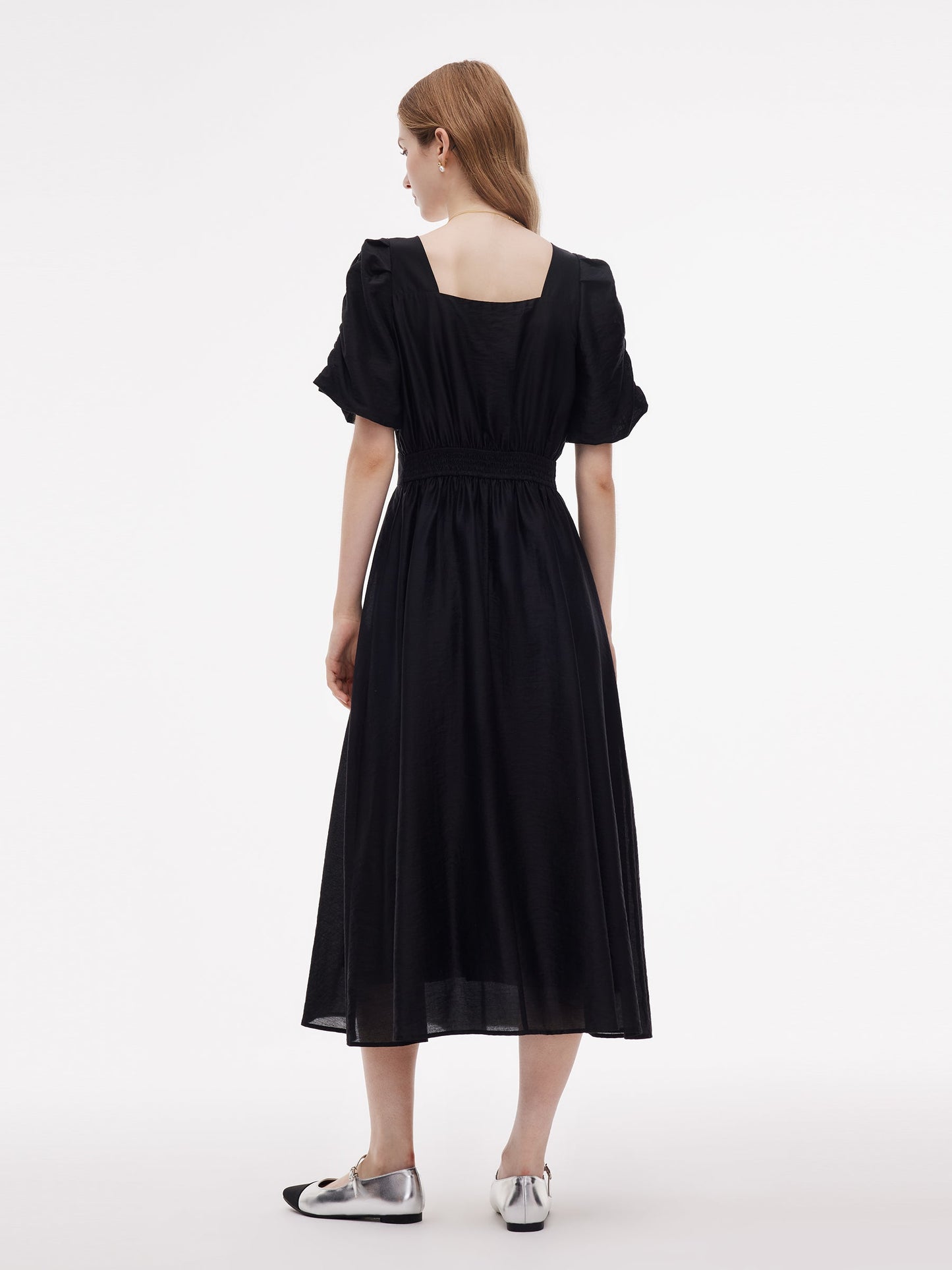 Tencel Blend Square Neck Women Puff Sleeve Maxi Dress