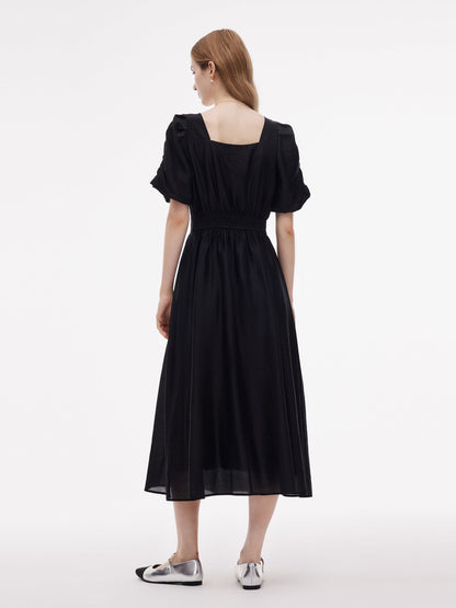 Tencel Blend Square Neck Women Puff Sleeve Maxi Dress