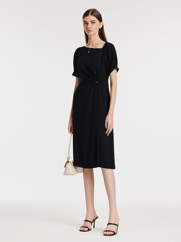 Acetate Asymmetric Neck Slit Twist Waist Women Midi Dress