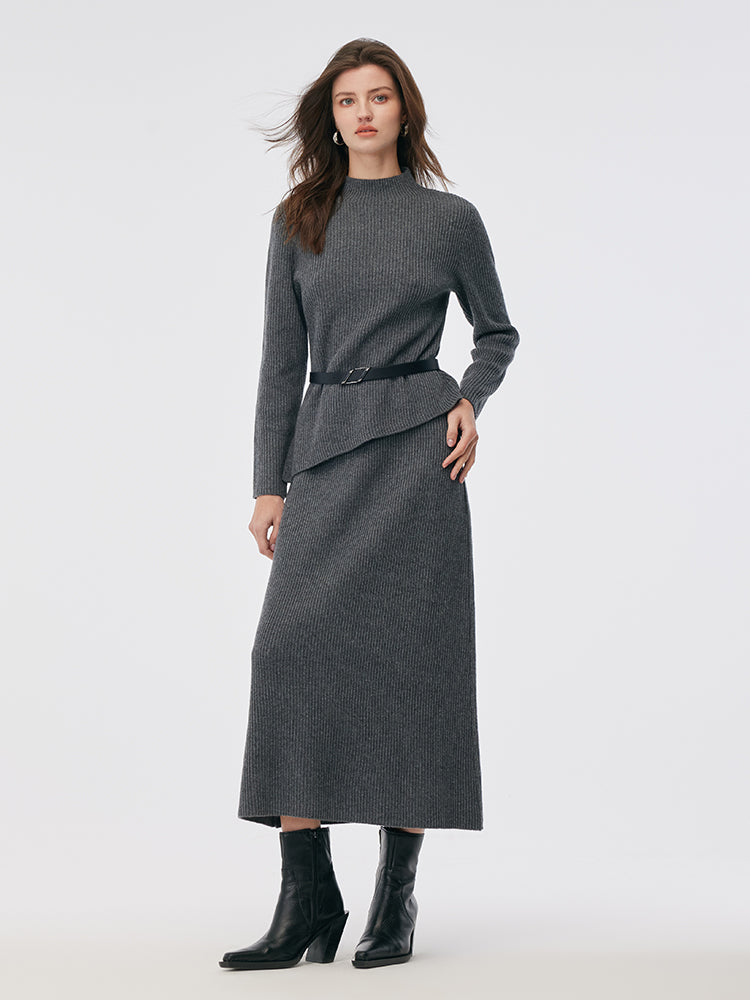Wool Blend Mock Neck Sweater And A-Line Skirt Two-Piece Set With Belt