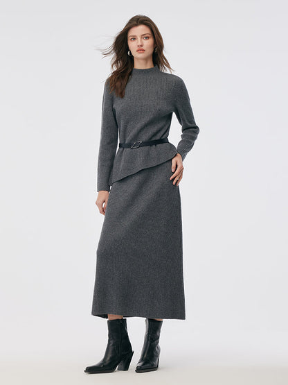 Wool Blend Mock Neck Sweater And A-Line Skirt Two-Piece Set With Belt