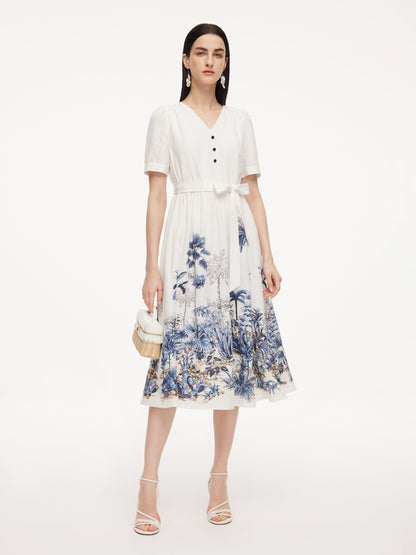 Tencel Linen Floral Print Women V-Neck Midi Dress With Self-Tie Belt