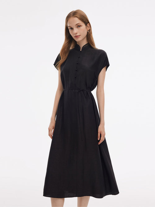 18MM Xiang Yun Silk A-Line Women Self-Tie Belt Midi Dress