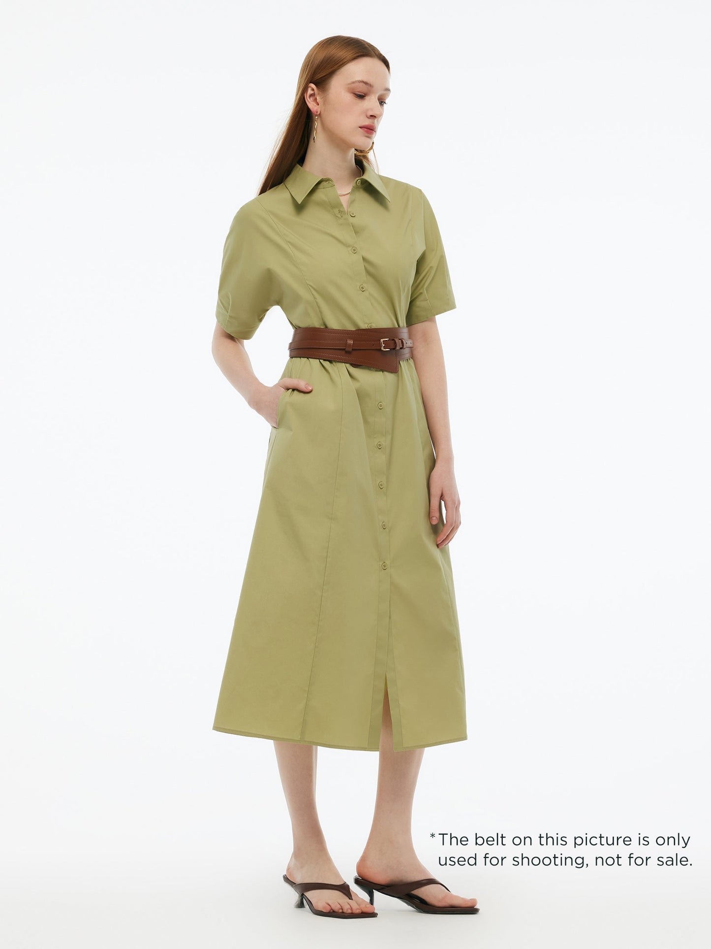 Gathered Waist Stretch Women Maxi Shirt Dress With Belt