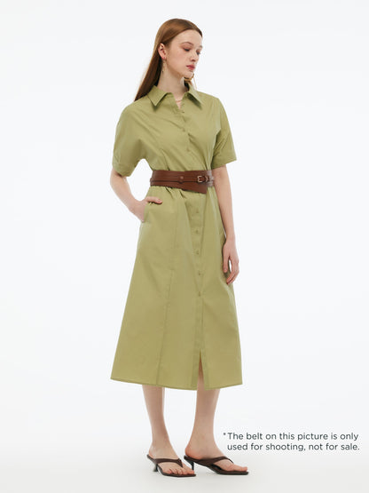 Gathered Waist Stretch Women Maxi Shirt Dress With Belt