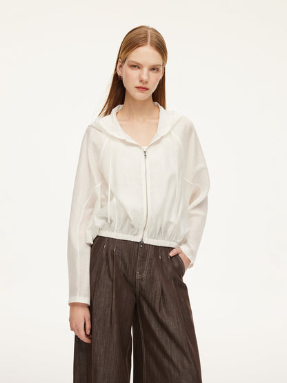 Tencel Acetate Linen Blend Women Zip-Up Hooded Cropped Jacket