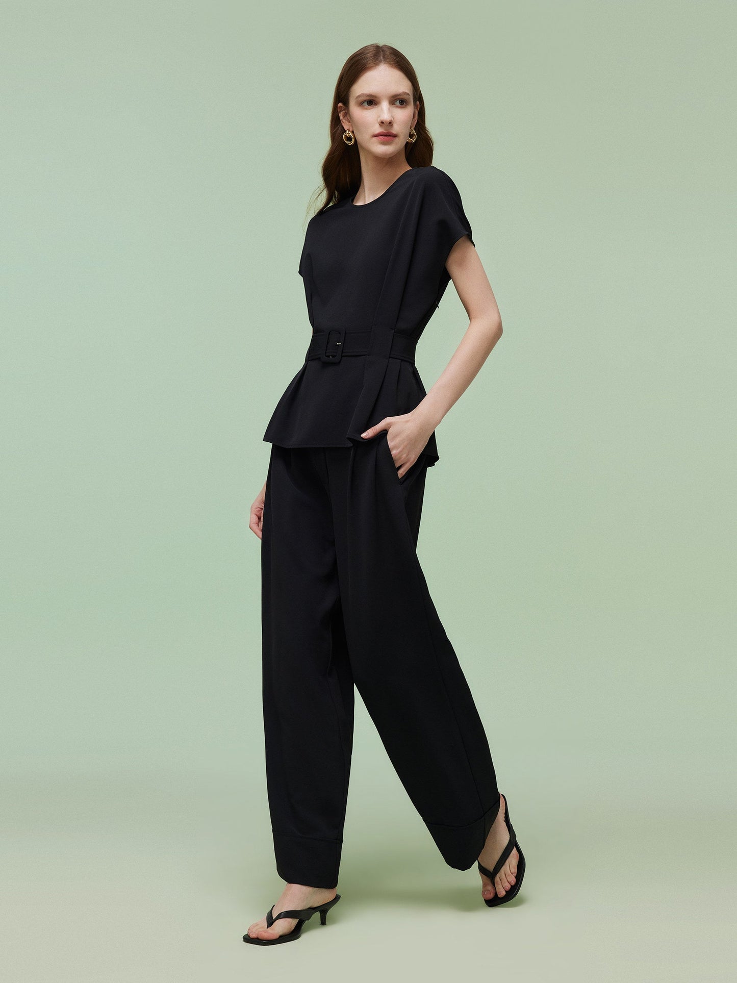 Four-Way Stretch Top And Ankle Length Pants Two-Piece Set With Belt