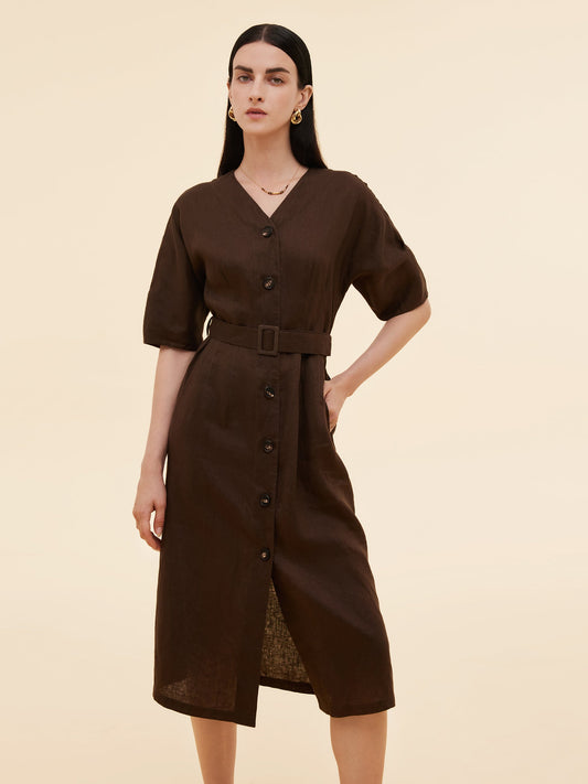 100% Linen Women V-Neck Midi Dress With Belt