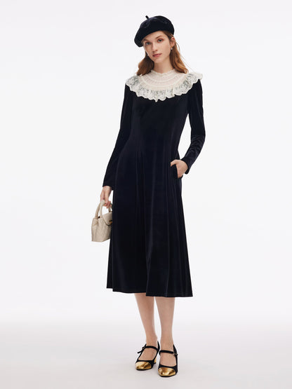 Velvet Sheer Lace Collar Women Midi Dress With Beret