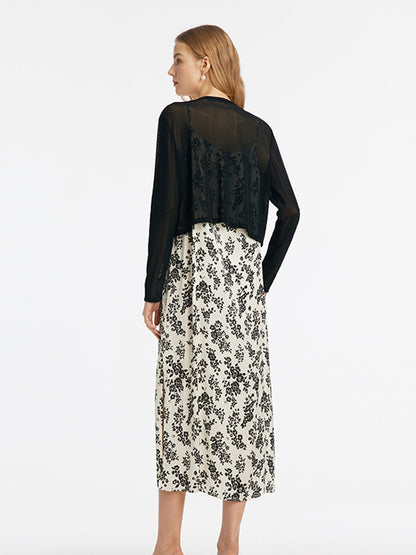 Camellia Print Spaghetti Strap Dress And Knitted Cardigan Two-Piece Set