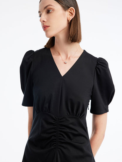 V-neck Pleated Midi Dress