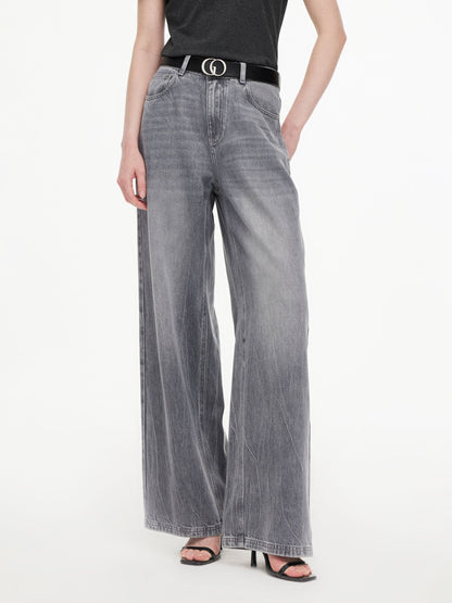 Lyocell Cotton Blend Denim Women Straight Wide Leg Jeans With Leather Belt