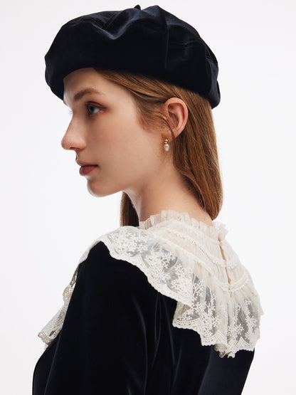 Velvet Sheer Lace Collar Women Midi Dress With Beret