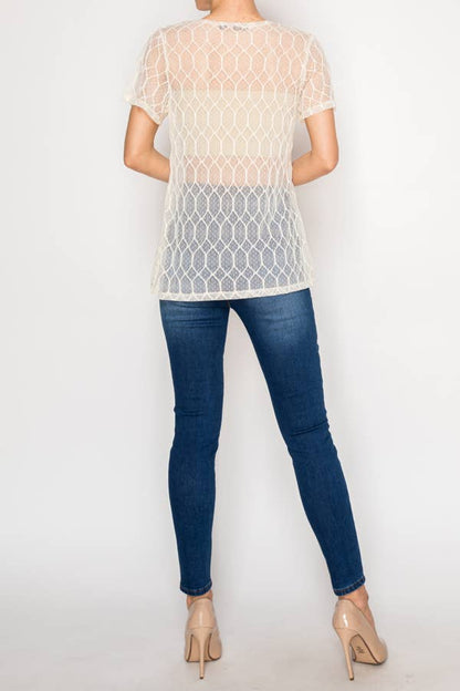 Origami - Sheer Lattice Mesh Short Sleeve Blouse - Beige