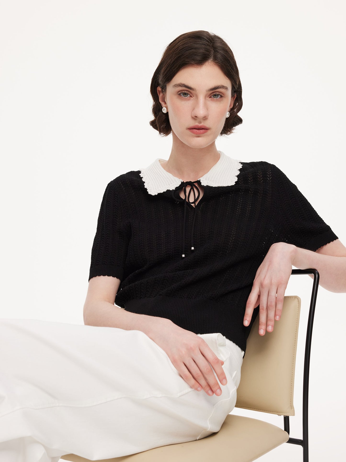 Tencel Blend Color Block Tie Front Women Openwork Knit Top
