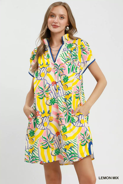 Umgee Tropical Print Collared Shift Dress