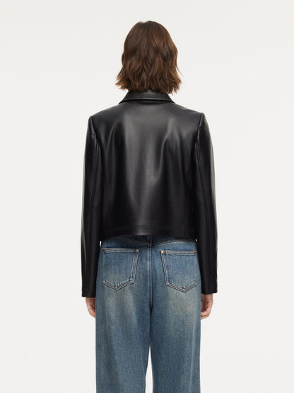 PU Leather Embroidered Trim Women Cropped Jacket