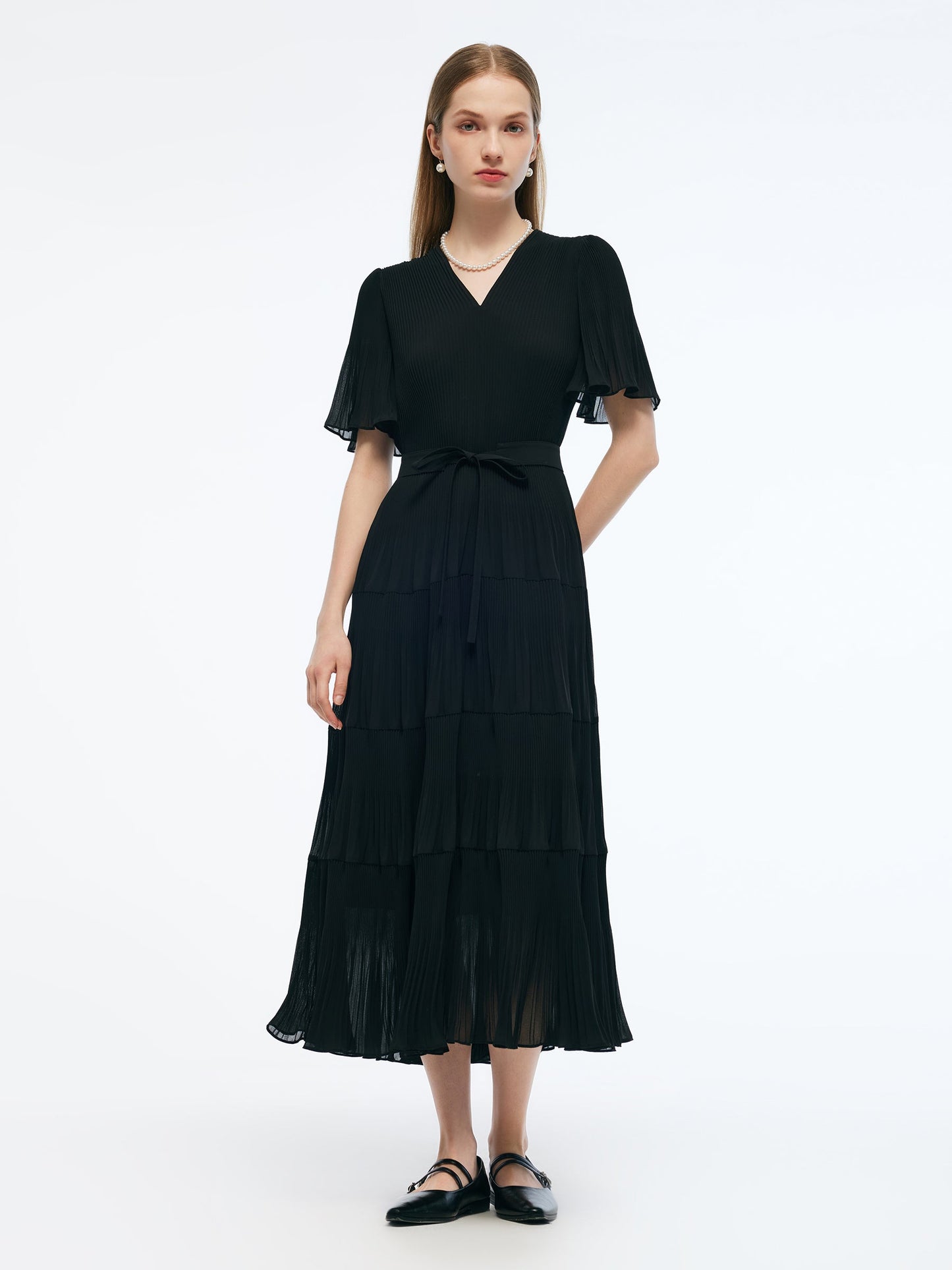 Pleated V-Neck Women A-Line Tie Belt Maxi Dress