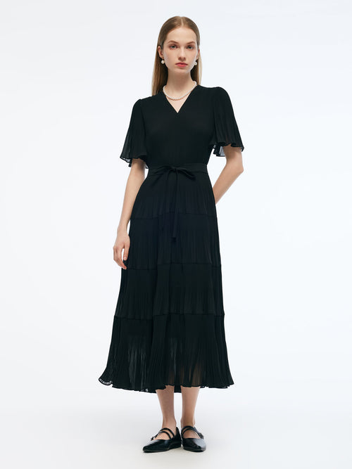 Pleated V-Neck Women A-Line Tie Belt Maxi Dress