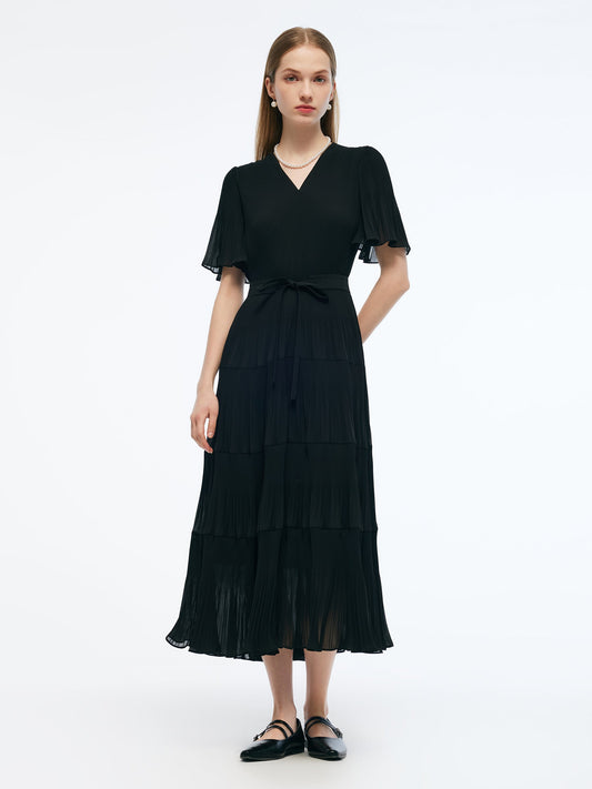 Pleated V-Neck Women A-Line Tie Belt Maxi Dress