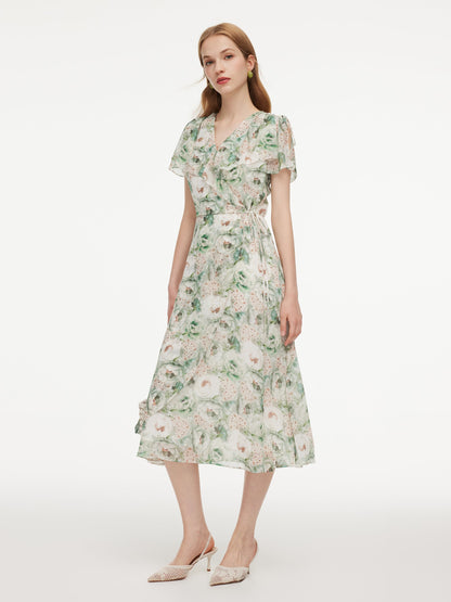 10MM Mulberry Silk Floral Print Ruffled Sleeve Women Wrap Maxi Dress