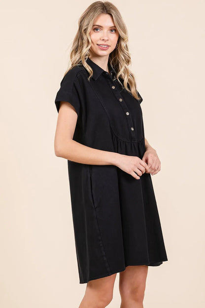 Mittoshop Twill Short Sleeve Collared Mini Dress