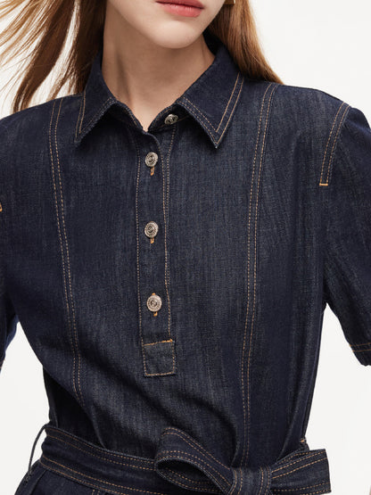 100% Cotton Denim Women A-Line Mini Shirt Dress With Self-Tie Belt